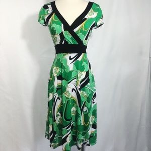 Green gold white black patterned tie midi dress